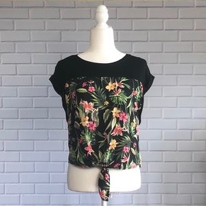 HIPPIE ROSE | Black Floral Tie-Front Top